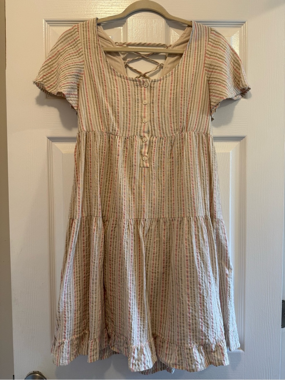 Hem & Thread Cream Mini Dress with Pink and Green Stripes